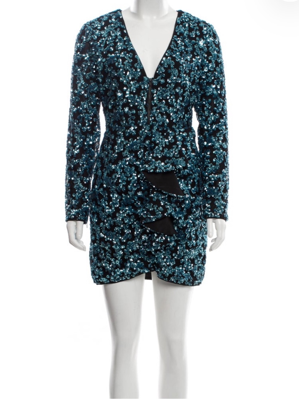 Self-Portrait Teal Sequin Floral Long-Sleeve Mini Dress
